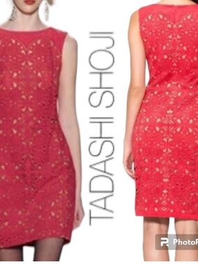 Tadashi Red Raseberry light weight ultra suede Laser-Cut Sheath Dress - Women